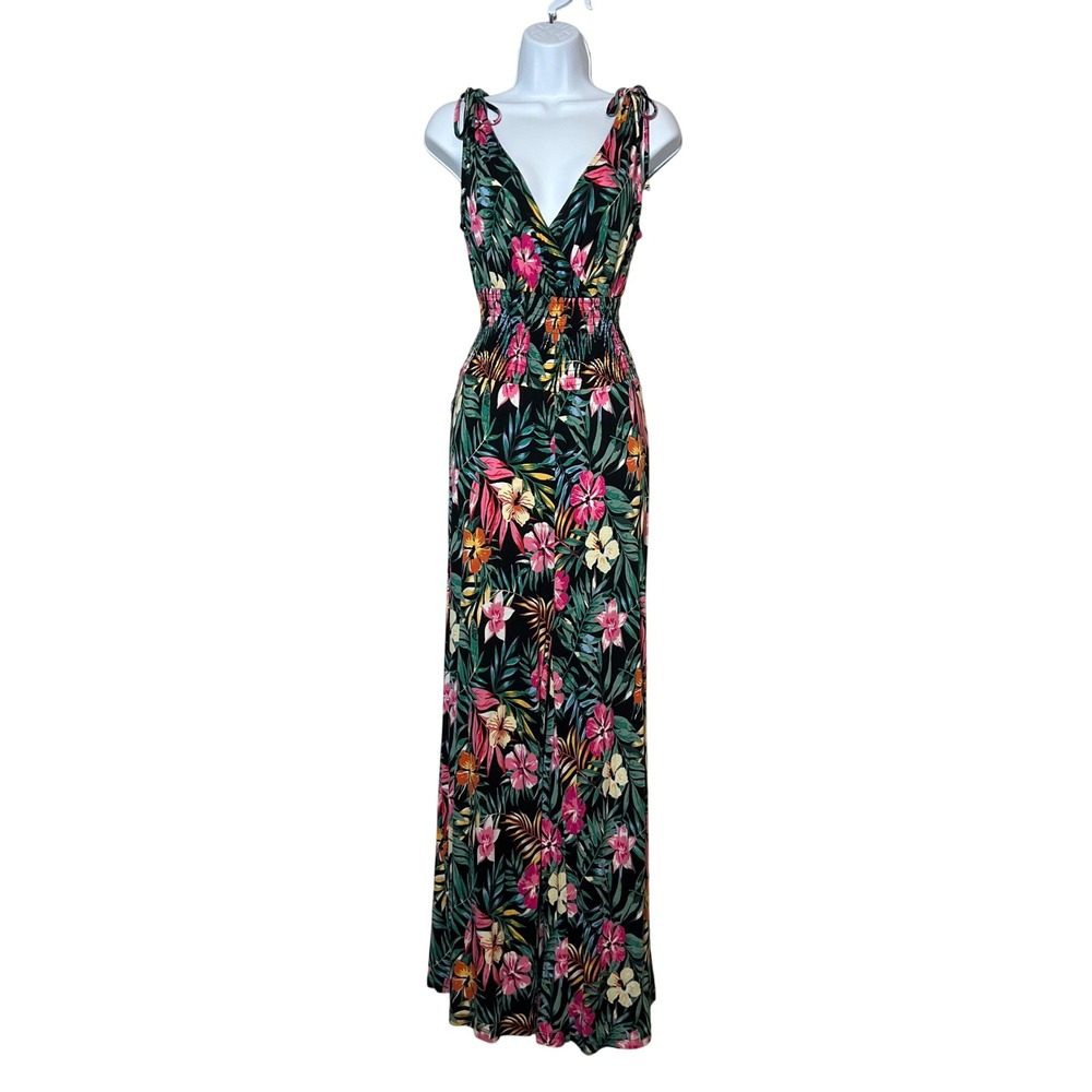 Lascana Tropical Floral Jumpsuit 6 Black Multi Womens Boho Wide Leg Tie Strap